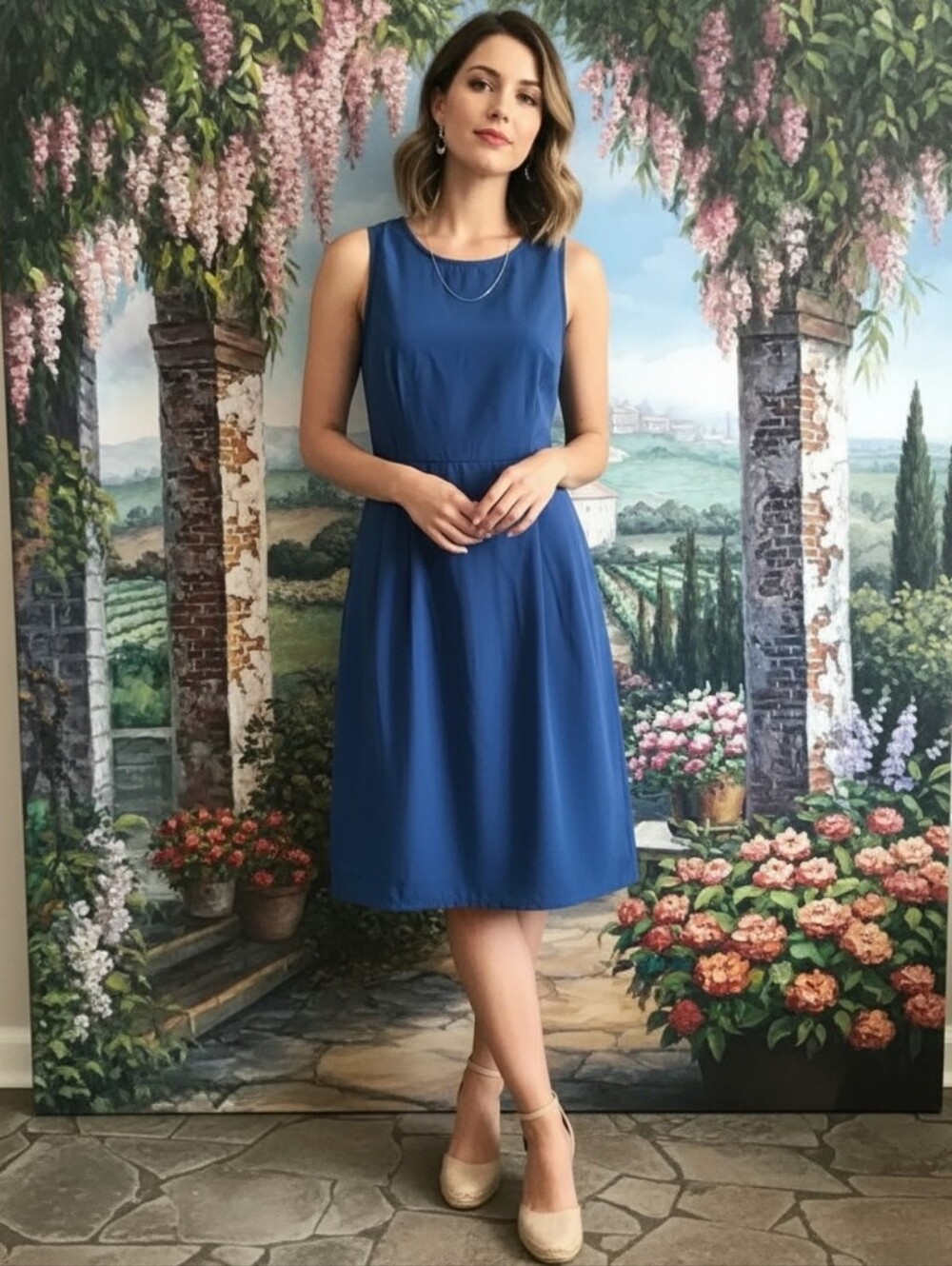 Japna Blue Sleeveless Dress. Cocktail Woman Dress. Casual Midi Dress.